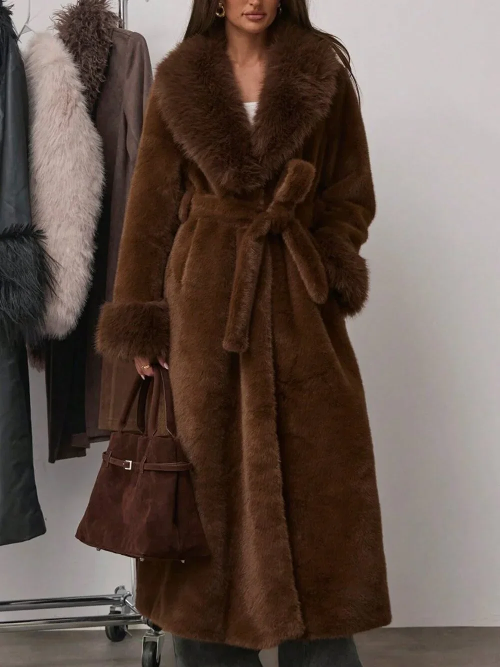 Mocha Brown Women's Shawl Collar Long Sleeve Pocket Belt Faux Fur Trench Coat